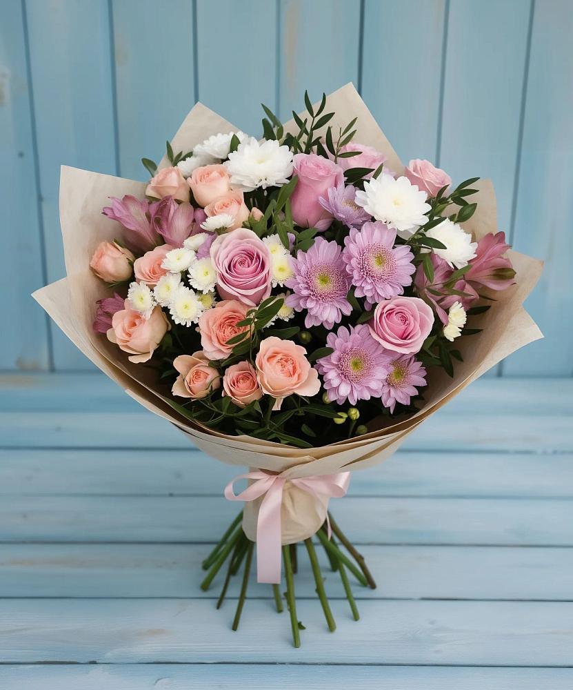 Букет цветов из: Хризантемы, Розы и Альстромерии в Кубинке