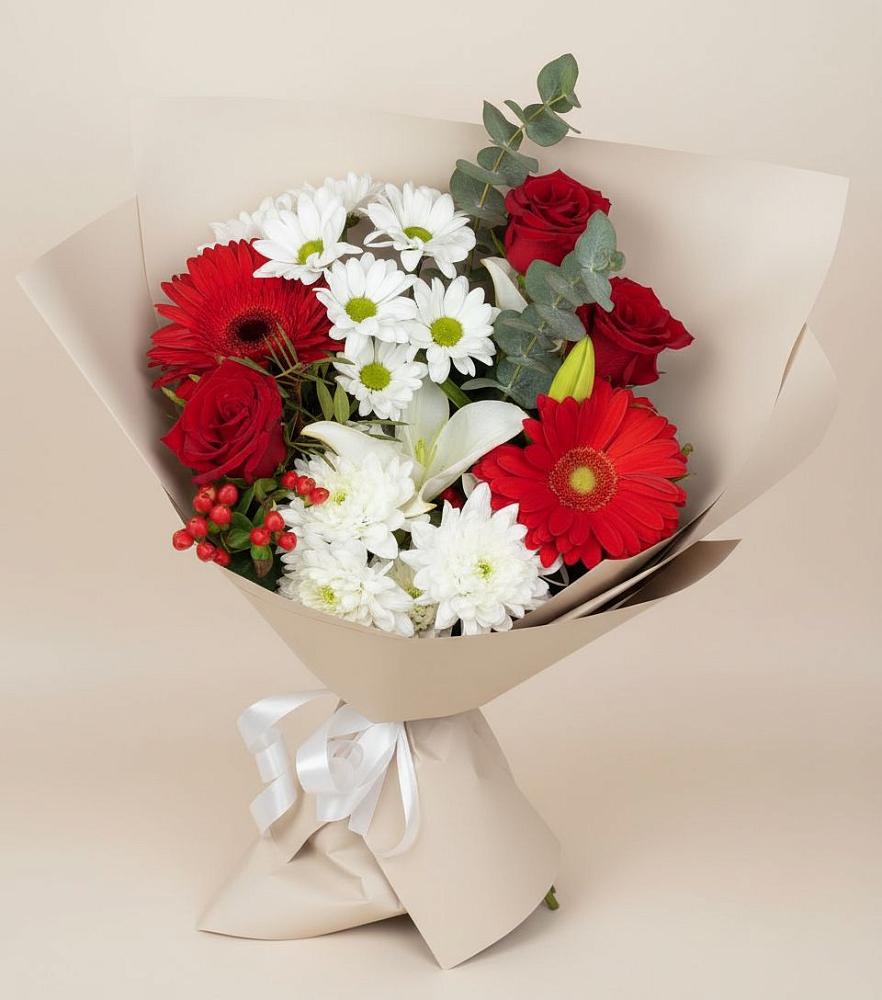 Букет цветов из: Розы, Хризантемы, Герберы и Лилии в Кубинке